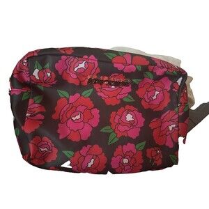 Betsey Johnson Pink And Red Colored Roses On Black Vinyl Cosmetic Bag W/Wristlet